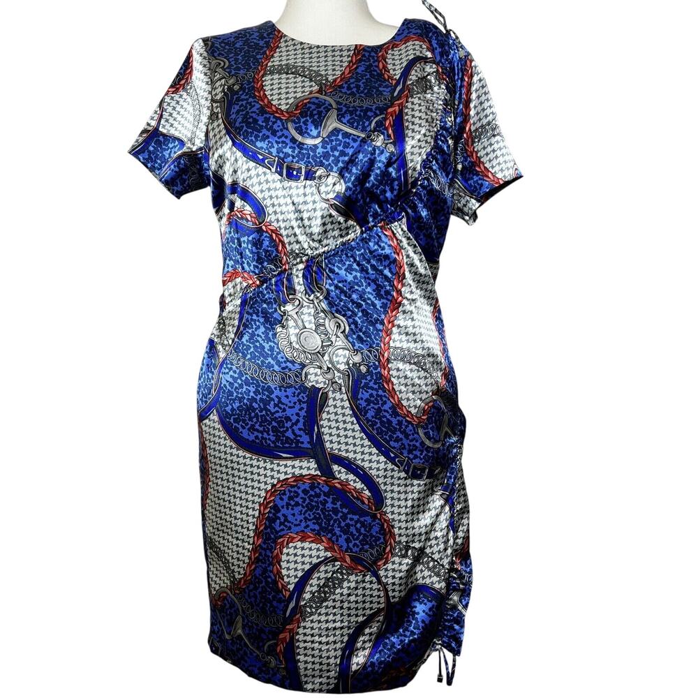 Newport News Womens Sheath Dress Sz 14 Vintage Satin Ruching Chain Stirrup Print